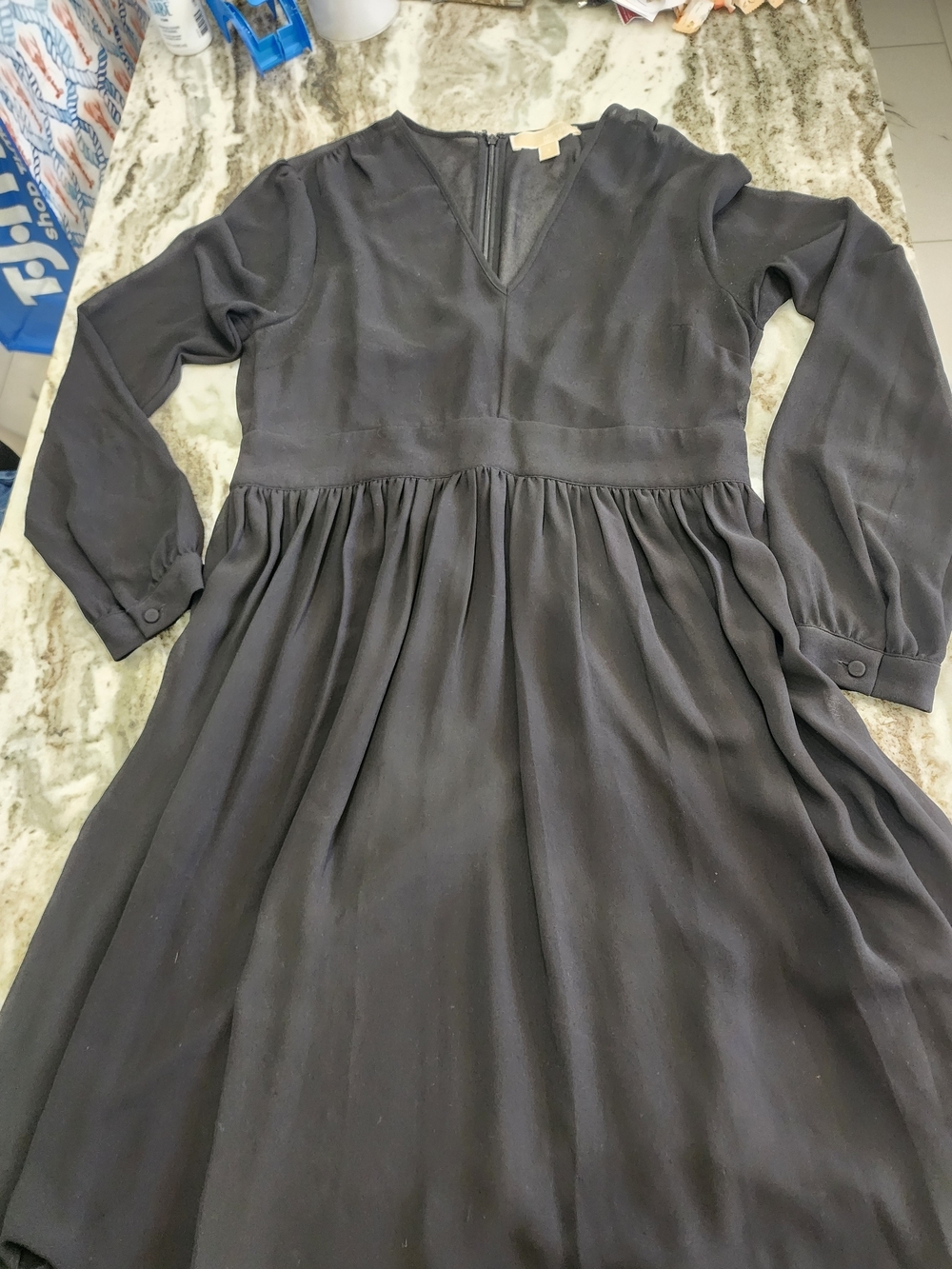 Michael Kors Black Long-Sleeve V-Neck Pleated Waist Dress